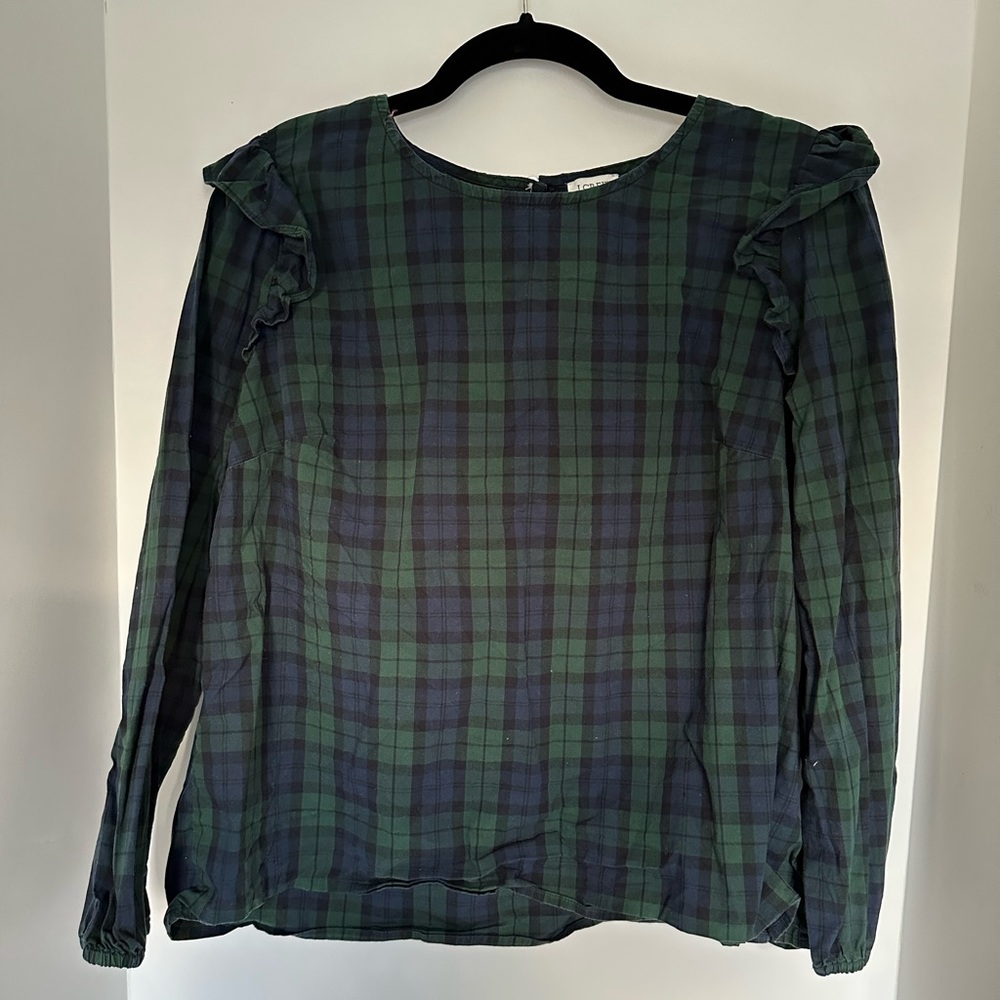 Green Tartan Jcrew shirt with ruffle shoulders size XL